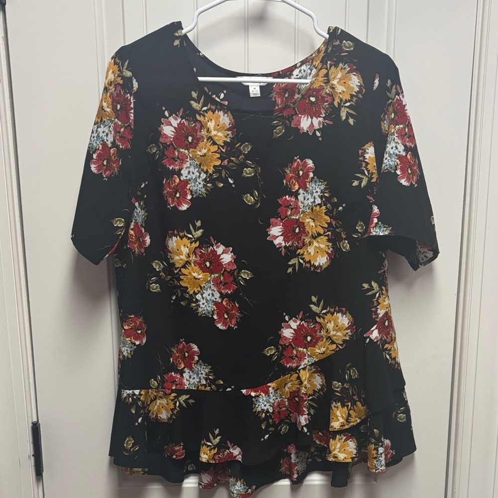 Time and Tru Black Floral Ruffle Hem Blouse